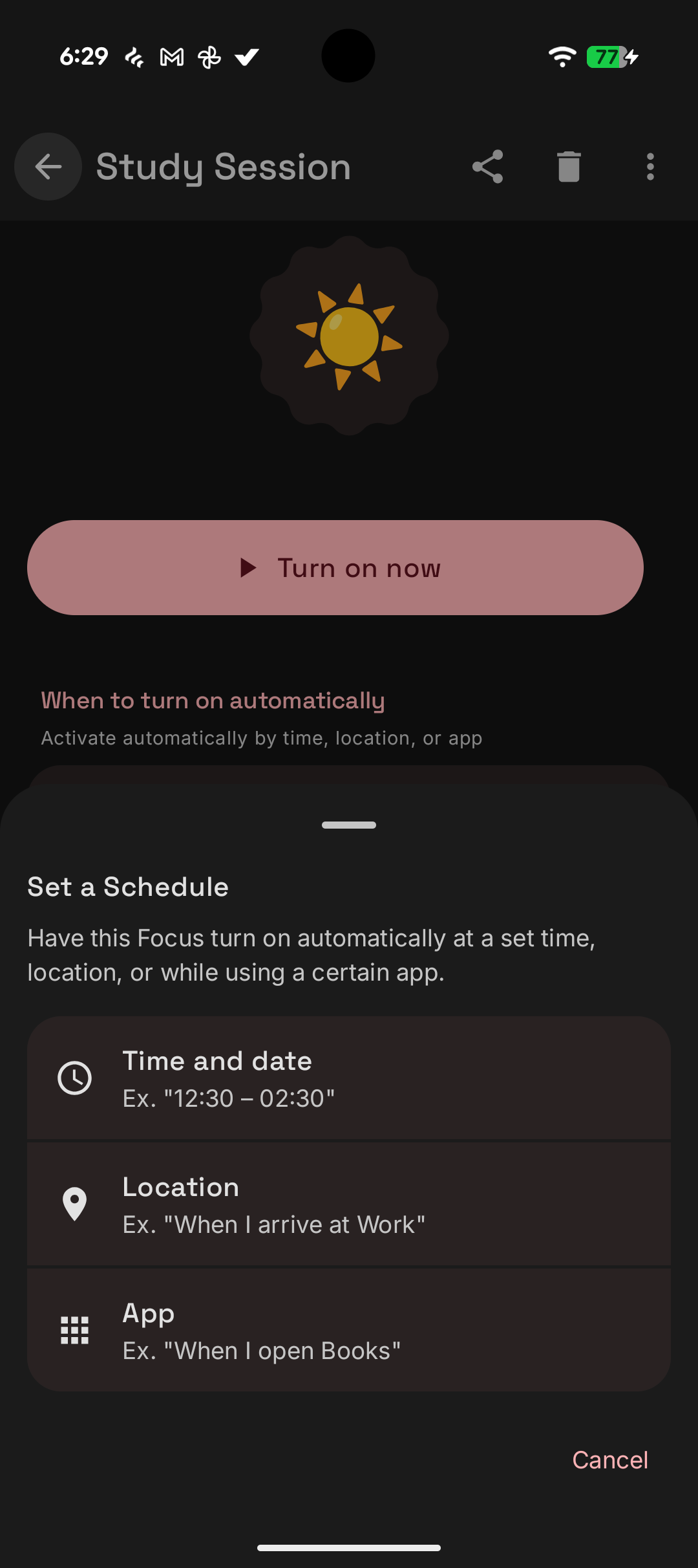 Schedule sheet with time, location, and app-based triggers