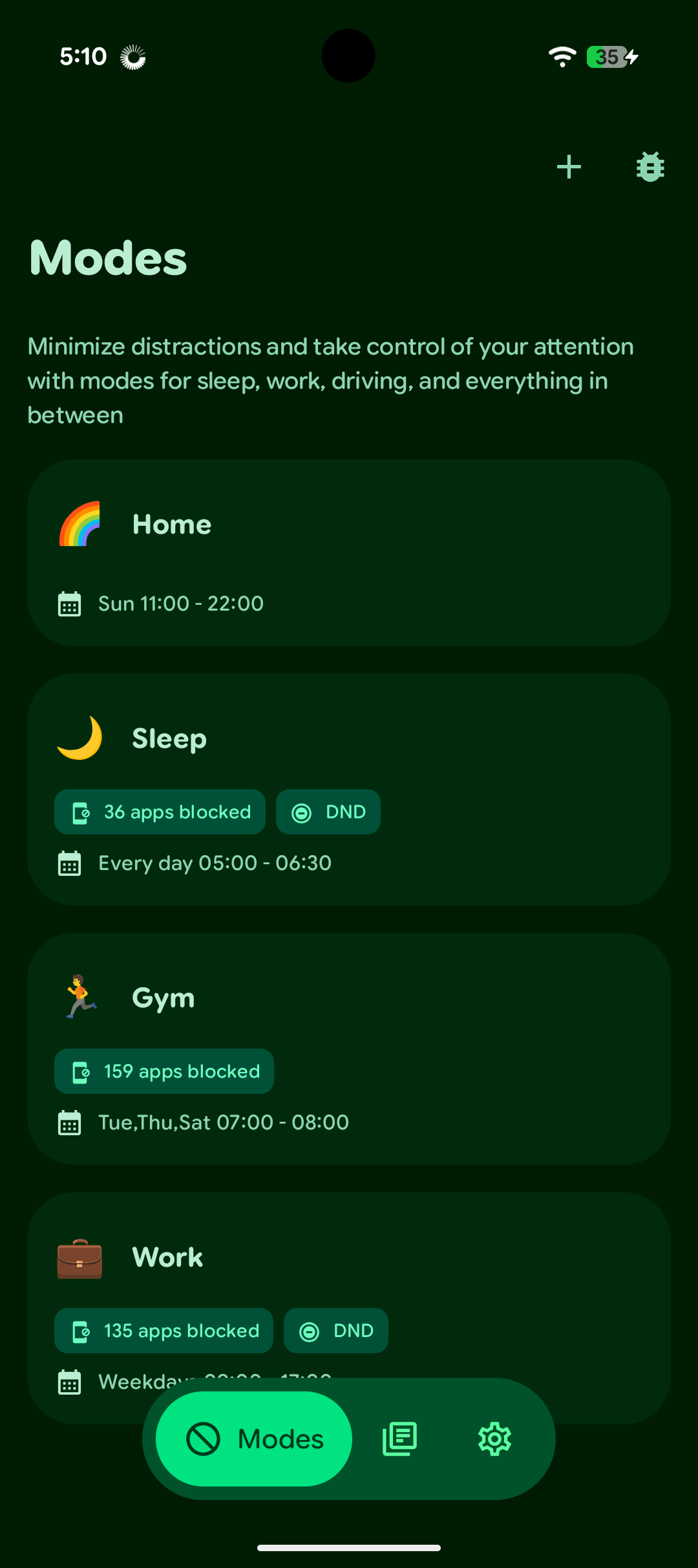 Focus Modes list showing Home, Sleep, Gym, and Work modes with schedules