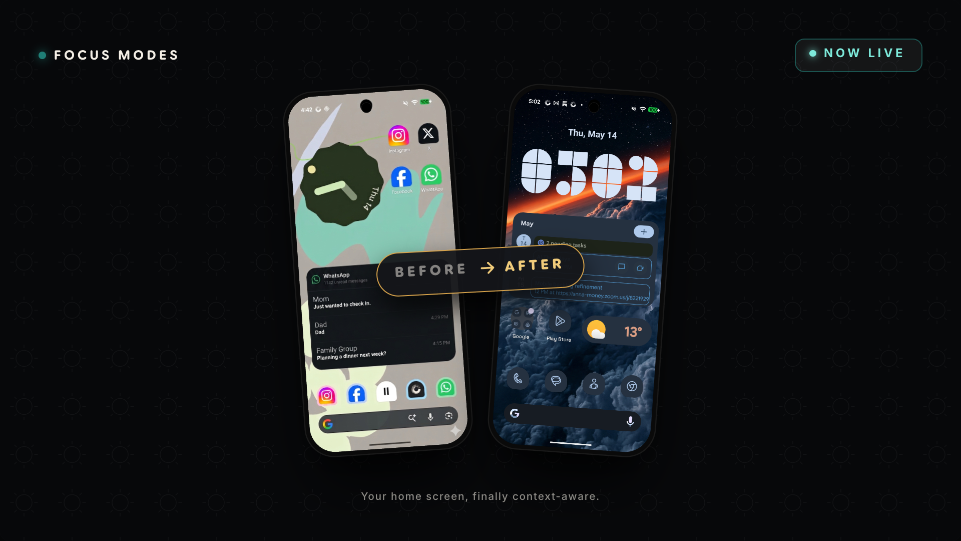 Focus Modes before and after homescreens with a now live badge